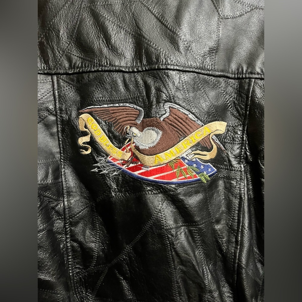 Genuine Leather Brand Black Motorcycle Jacket God Bless America Patch Women L​​ - Picture 3 of 7